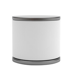 A white container with a silver lid sits on a white background