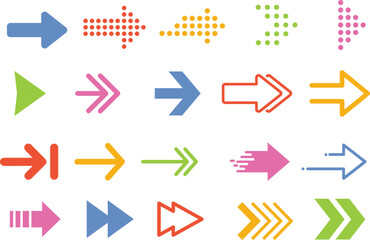 Bright and Colorful Vector Arrows for User Interfaces and Graphic Projects Featuring Pixelated, Solid, and Chevron Designs in Multiple Styles
