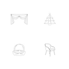 Hand drawn linear illustrations of christmas tree chair basket and drapes on a white background