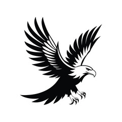 Obraz premium Strong black flying eagle vector silhouette with open wings, ideal for patriotic artwork, tattoos, logos, sports mascots, and American-themed graphic design.