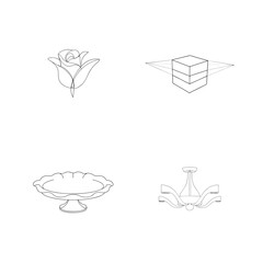 Elegant line art designs of a rose perspective cube dessert plate and chandelier