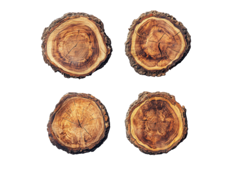 Earthy Harmony: Four unique wood slices, exhibiting a diverse range of natural patterns and textures, arranged to showcase the beauty of organic design and the timeless elegance of nature.