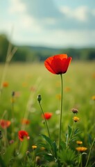 Obraz premium A solitary poppy stands alone in a Normandy meadow with tall grasses and wildflowers , nature, rural scene, isolated flower