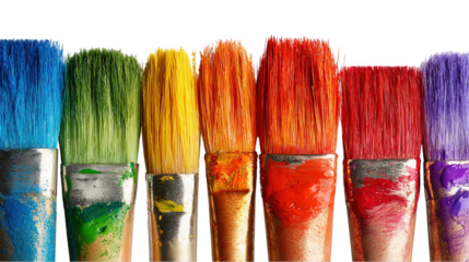 Colorful paintbrushes are displaying a wide array of vibrant hues, creating a spectrum of color against a transparent background, ready to be used in various creative projects