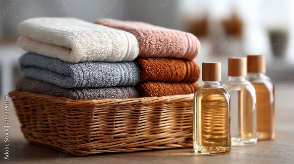 Poster Soft towels in various colors are neatly arranged in a wicker basket alongside elegant glass bottles filled with aromatic oils, creating a serene atmosphere in a cozy home environment