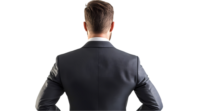 Rear view of a man in a suit with his hands on his hips against a black isolated background isolated on transparent background