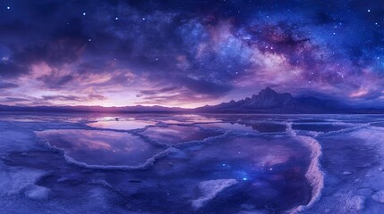 Crystallized salt flats mirroring Milky Way core, gypsum flowers growing toward gamma-ray burst azimuth, long-exposure geology effect, electric violet veins in cracked crust