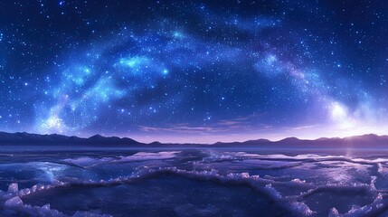 Crystallized salt flats mirroring Milky Way core, gypsum flowers growing toward gamma-ray burst azimuth, long-exposure geology effect, electric violet veins in cracked crust