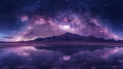 Crystallized salt flats mirroring Milky Way core, gypsum flowers growing toward gamma-ray burst azimuth, long-exposure geology effect, electric violet veins in cracked crust