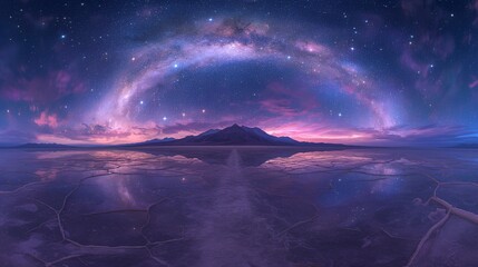 Crystallized salt flats mirroring Milky Way core, gypsum flowers growing toward gamma-ray burst azimuth, long-exposure geology effect, electric violet veins in cracked crust
