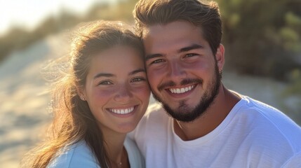 Fototapeta premium Couple's Portrait: Golden Hour Beach Romance