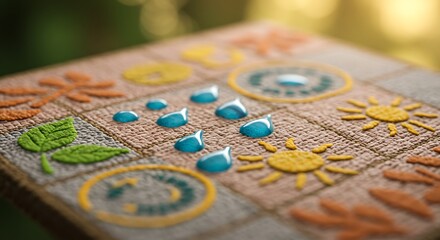 Naklejka premium Water Droplets on Embroidered Surface with Leaf and Sun Designs