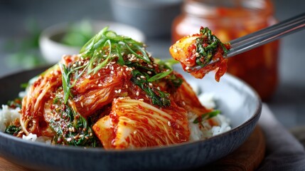 Extreme close-up of a bite of kimchi held by silver chopsticks, lifted above a bowl. The juicy texture of the chili paste, cabbage folds, and sesame seeds are in sharp focus.
