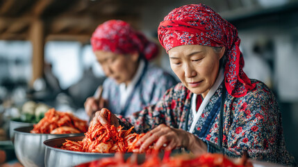 Korean women preparing traditional kimchi by hand. mixing cabbage with bright red paste in a giant metal bowl.