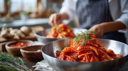 Korean women preparing traditional kimchi, mixing cabbage with bright red paste in a giant metal bowl. in the modern kitchen with fresh kimchi ingredient