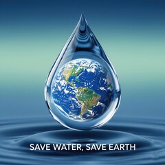 Obraz premium Water droplet with Earth reflection poster | quote “Save Water, Save Earth” | world environment day | environment day poster | world environment day theme quotes