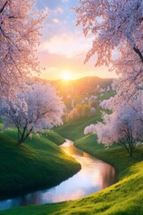 Blossom Valley at Sunset: Cherry blossoms frame a tranquil valley, as a shimmering river winds through a vibrant green landscape under a radiant sunset. The scene evokes serenity.