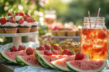 Glass jar filled with watermelon and strawberries.