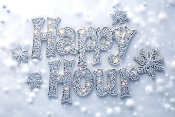 Sparkling happy hour text with decorative snowflakes on a white snowy background design element