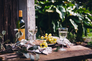 Outdoor still life of wine and grapes on rustic table
