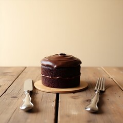 Round Single-Layer Chocolate Cake with Glossy Ganache on Wooden Plate with Silver Knife and Fork