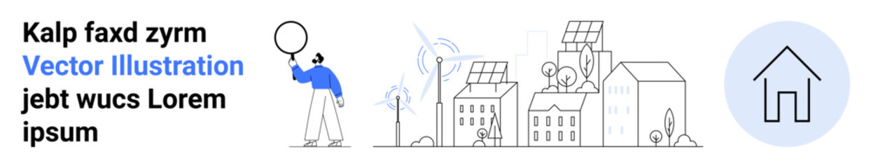 Person analyzing buildings with solar panels, wind turbine, trees, and eco-friendly house. Ideal for sustainability, renewable energy, urban planning, technology, innovation green living simple
