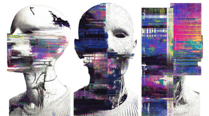 Glitching human heads create a distorted, fragmented visual with vibrant colors and digital artifacts on a transparent background, reflecting themes of digital decay and technology