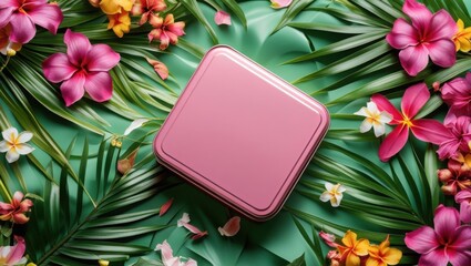 Pink Square Box Surrounded by Lush Tropical Flowers and Leaves