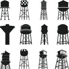 Collection of Water Tower Silhouettes Set, Water tower SVG, Water tower Silhouette Vector Art,