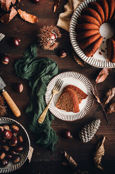 Delicious homemade chestnut cake with rustic decor