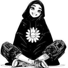Vector art of Smiling muslim girl in hijab and hoodie sitting cross legged isolated on white background