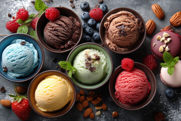 A selection of vibrant artisanal ice cream flavors showcased in bowls, surrounded by fresh fruits and nuts, creating an inviting summer dessert spread