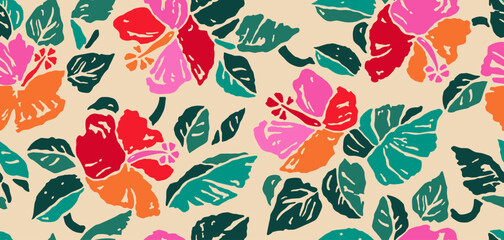 Exotic hand drawn tropical flowers print, seamless summer floral pattern for fabric, textiles, clothing, packaging, cover, banner, home decor, hawaiian backgrounds. Vector illustration.