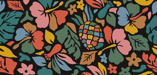 Exotic hand drawn tropical flowers print, seamless summer floral pattern for fabric, textiles, clothing, packaging, cover, banner, home decor, hawaiian backgrounds. Vector illustration.