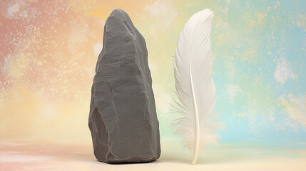 A tall, rugged stone stands next to a delicate white feather on a pastel-hued backdrop, symbolizing contrast between power and gentleness.