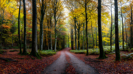 Obraz premium Autumn Forest Path With Colorful Leaves
