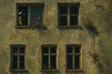 Obraz premium AI-generated oil painting of an old abandoned building with worn windows and small purple flowers. Rich texture, nostalgic atmosphere, and natural light shadows.