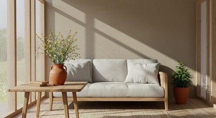 Living Room with Sofa, Table and Plants