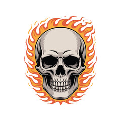 Flaming Skull Illustration – Detailed Human Skull with Fire Flames Isolated on White Background