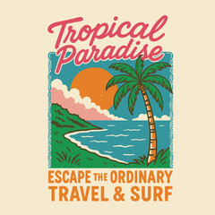 Tropical paradise. beach holiday surf &coffee. Summer beach Break vector graphic design. Beach party tropical colorful poster .Festival vector Illustration placard. eps
