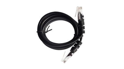 Black Ethernet cable with connectors on both ends, coiled neatly, showcasing its flexibility and durability, ideal for networking and internet connectivity solutions