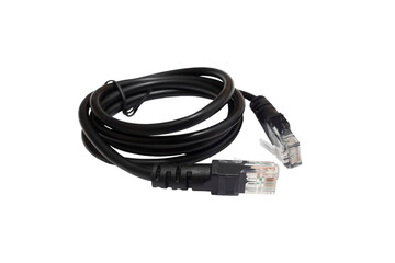 Black Ethernet cable with connectors on both ends, coiled neatly, showcasing its flexibility and durability, ideal for networking and internet connectivity solutions