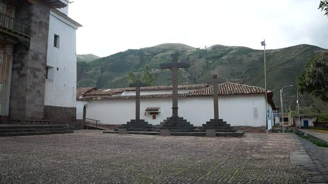 Three Crosses Outside the Church of Andahualillas, Known as the Sistine Chapel of South America, in Cusco, Peru