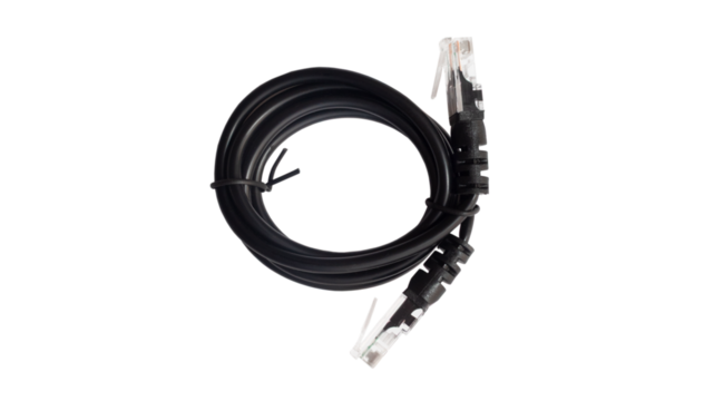 Black Ethernet cable with connectors on both ends, coiled neatly, showcasing its flexibility and durability, ideal for networking and internet connectivity solutions