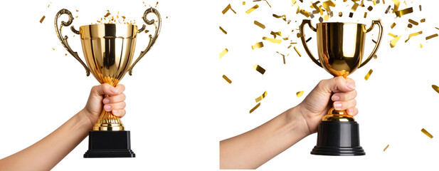  Close up of Female Hand Holding Shiny Gold Trophy with Confetti Burst Transparent Background PNG