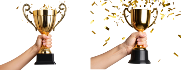  Close up of Female Hand Holding Shiny Gold Trophy with Confetti Burst Transparent Background PNG