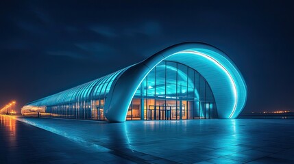 Obraz premium A futuristic building illuminated with neon blue lights reflects a sense of innovation and progress captured at night