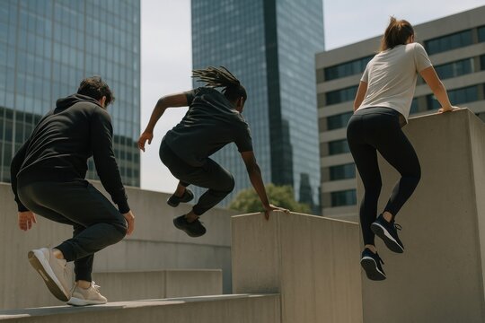Urban parkour athletes in action.