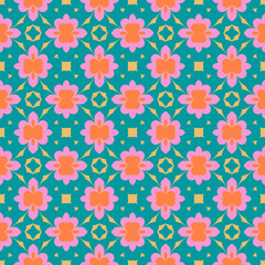 Symmetrical Floral Pattern in Coral and Pink on a Teal Green Background