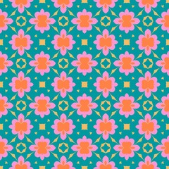 Symmetrical Floral Pattern in Coral and Pink on a Teal Green Background